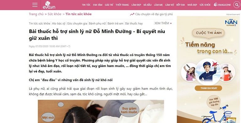  Trang tin Eva.vn đăng bài "Bài thuốc hỗ trợ sinh lý nữ Đỗ Minh Đường - Bí quyết níu giữ xuân thì", ngày 07/05/2020